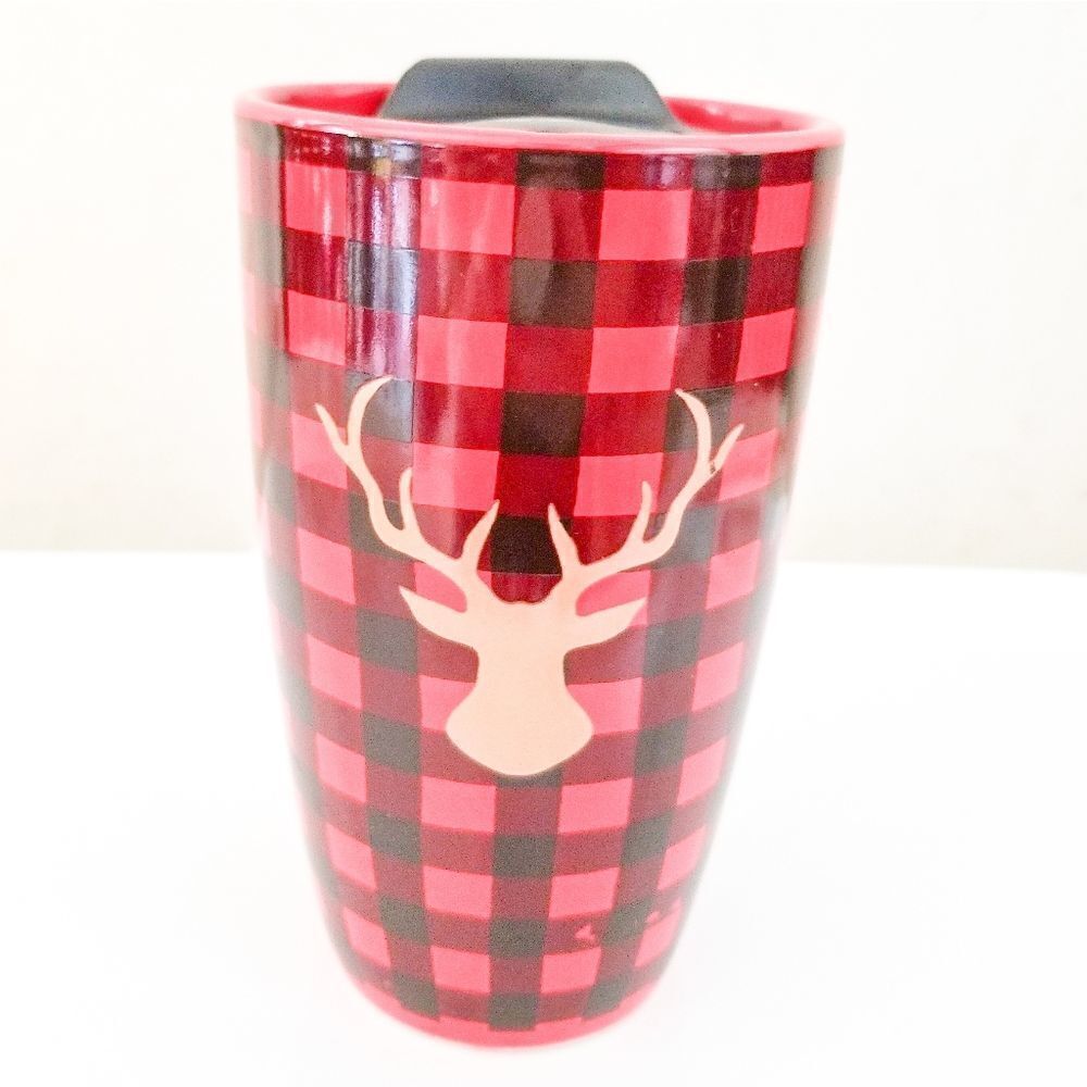 Travel coffee mug w/ lid red&black buffalo check